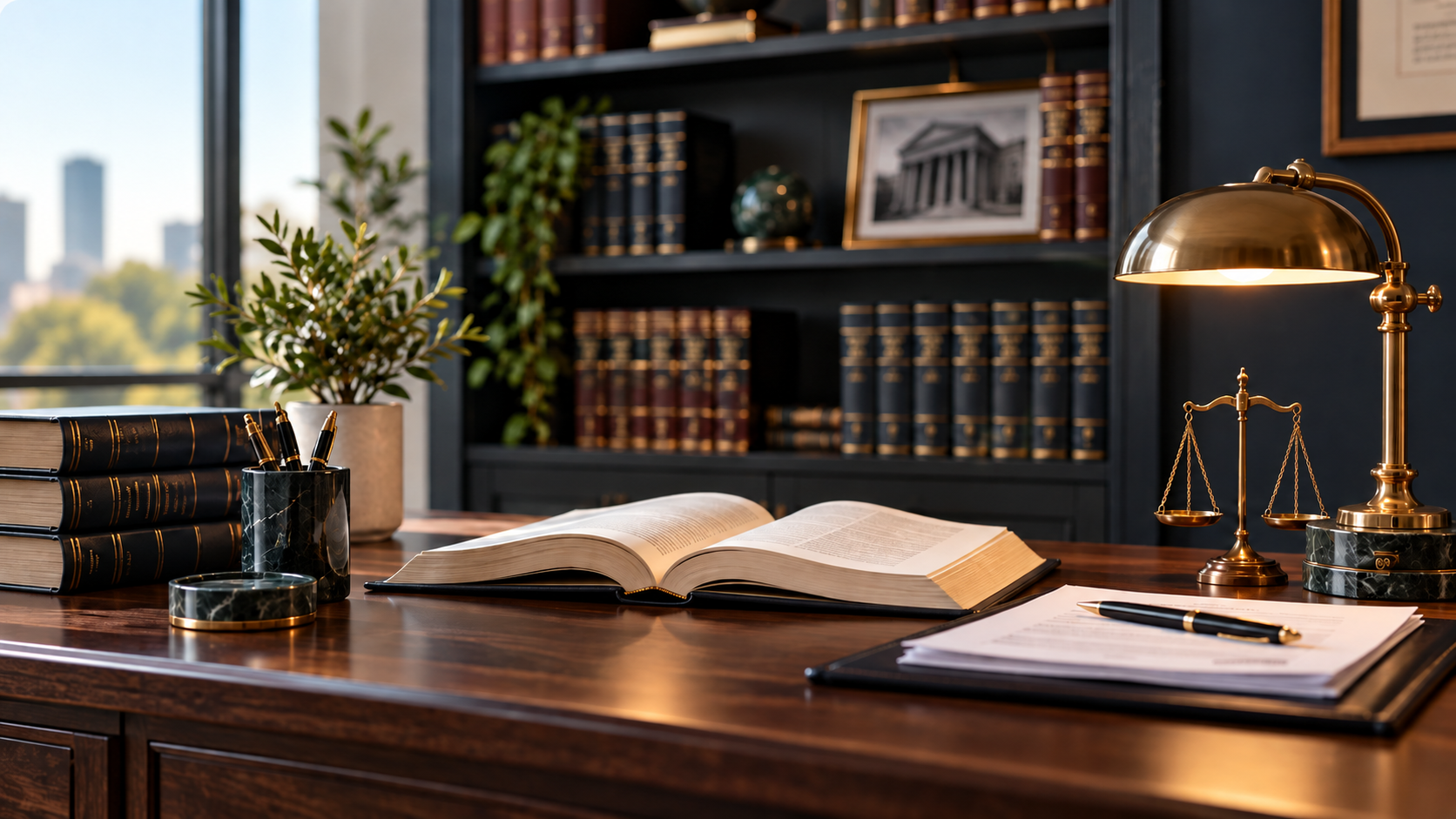 Professional law office with desk and bookshelves